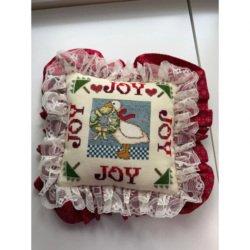VTG Cross Stitch Christmas Goose Pillow Small Red Joy Lace‎ Ruffle Cottagecore